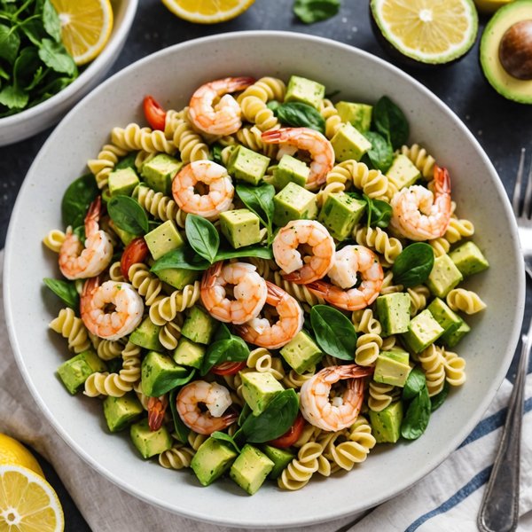 Comment réaliser une salade de pâtes aux crevettes et à l'avocat avec une vinaigrette citronnée?